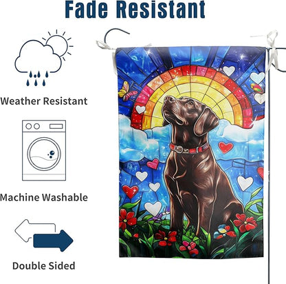 Stained Glass Chocolate Lab Garden Flag for Outside 12x18 Double Sided Rainbow Bridge Labrador Dog Bereavement Pet Sympathy Gift Memorial Yard Banner Small