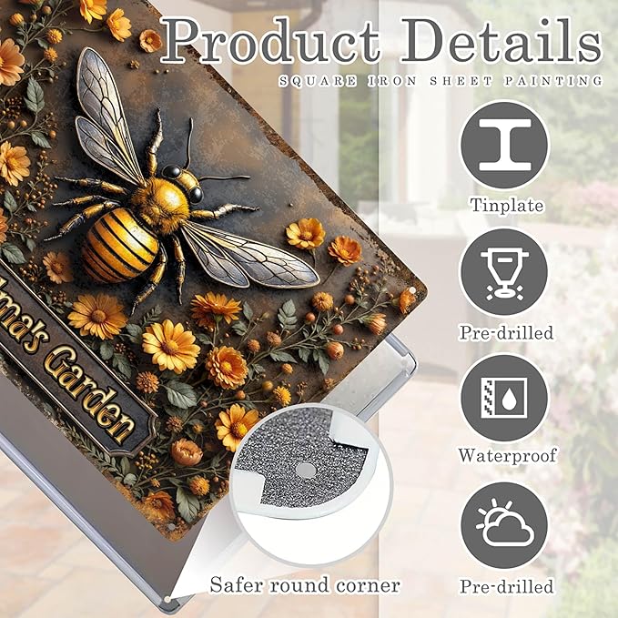 Custom Garden Signs Personalized Metal Tin Sign for Women, Bee Metal Sign for Outdoor, Yard Rustic Home Decor Gift for Mothers Day, Grandmas, and Gardening Lovers