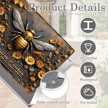 Custom Garden Signs Personalized Metal Tin Sign for Women, Bee Metal Sign for Outdoor, Yard Rustic Home Decor Gift for Mothers Day, Grandmas, and Gardening Lovers