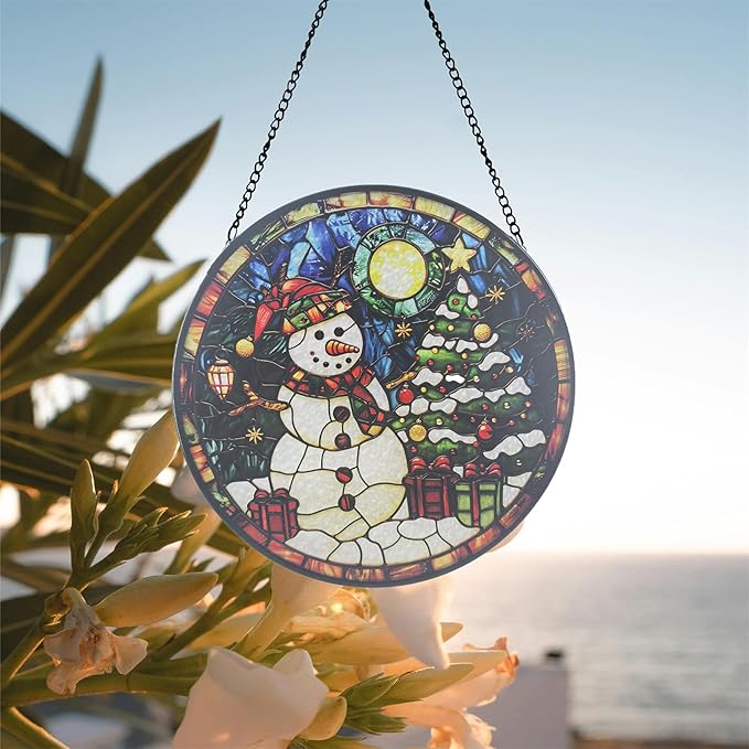 Stained Glass Sun Catcher,Christmas Snowman Glass Window Hanging Garden Decor,Sun Catchers Indoor Window,Whimsical Decoration for Home Backyard Patio Lawn Porch with 6.3 INCH