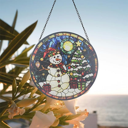Stained Glass Sun Catcher,Christmas Snowman Glass Window Hanging Garden Decor,Sun Catchers Indoor Window,Whimsical Decoration for Home Backyard Patio Lawn Porch with 6.3 INCH