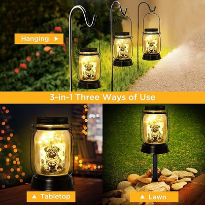 Pug Dog Gifts for Women/Men Pug Dog Solar Lanterns Mom Birthday Gift Pet Loss Lantern Pet Memorial Lights Solar Garden Decoration for Yard, Patio,Backyard,Porch Torches