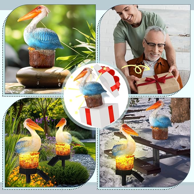 Leinuosen 2 Pack Solar Pelican Statues Outdoor Decorations Garden Sculpture Stake Decor Ocean Bird Art Waterproof Ornaments for Backyard Porch Lawn Walkway Patio Yard