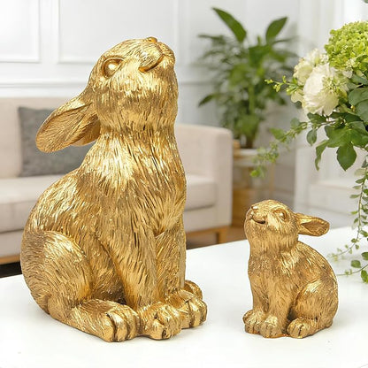 Resin Gold Bunny Decor Rabbit Figurines, Small Easter Bunny Figurine Set of 2, Easter Rabbit Statues for Spring Tabletop Decor