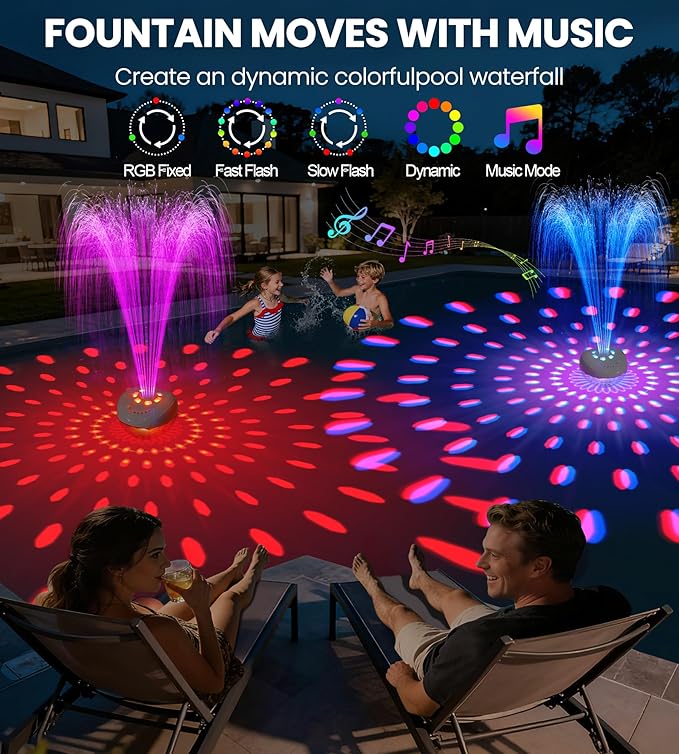 Luxfero 3 in 1 Floating Pool Fountain with Pool Speaker & Lights,2026 New Rechargeable Pool Fountain,Floating Bluetooth 5.4 Speaker IP68 Waterproof,Above Ground Pool Water Fountain with Anchor-White