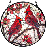 Cardinal Bird Stained Glass Window Hanging, Red Cardinal Flower Sun Catchers Indoor Window Round Glass Wall Art Decor, Bird Suncatcher Wall Hanging Decorations, Gardening & Lawn Care