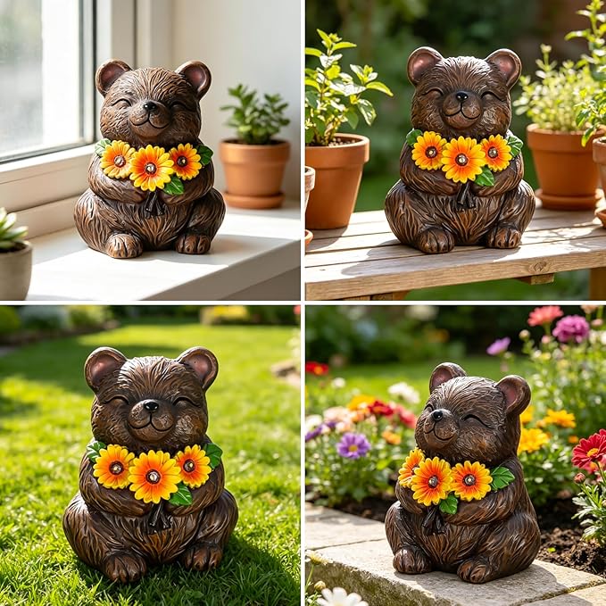Solar Garden Statues Bear with Daisy and LED Lights Birthday Gifts for Women Mom Grandma Solar Outdoor Cat Decor for Outside,Outdoor Solar Lights for Yard, Garden and Patio, Unique Gift for Women