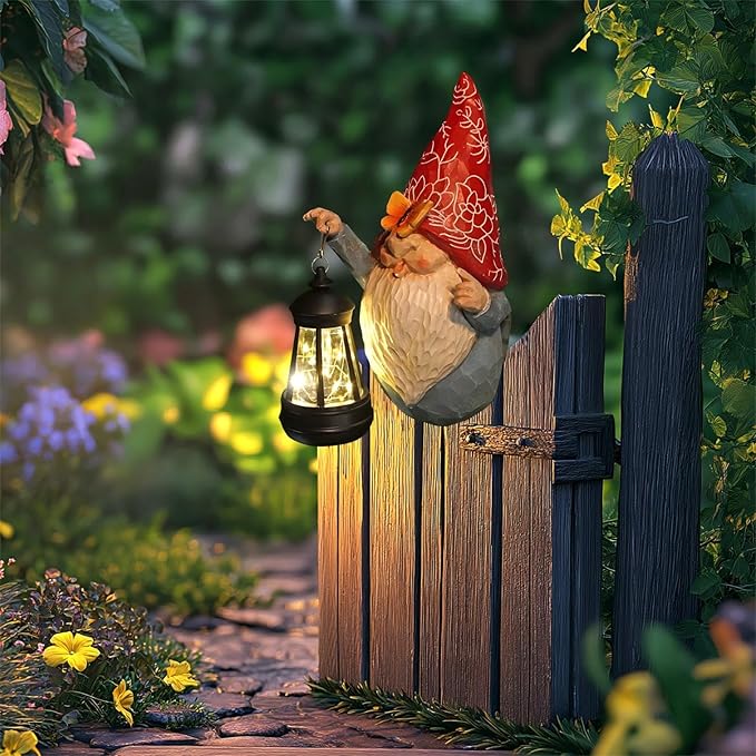 HONGLAND Gnomes Figurines Fence Hugger Solar Fence Lights Outdoor Hanging Decor Porch Tree Decorations Yard Ornaments Funny Gifts for Mom Women