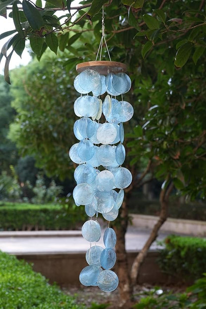 Capiz Shell Wind Chime for Outside 28” Sea Glass Wind Chime Ocean/Beach Themed Chime Gift for Women Mother’s Day Decoration Blue