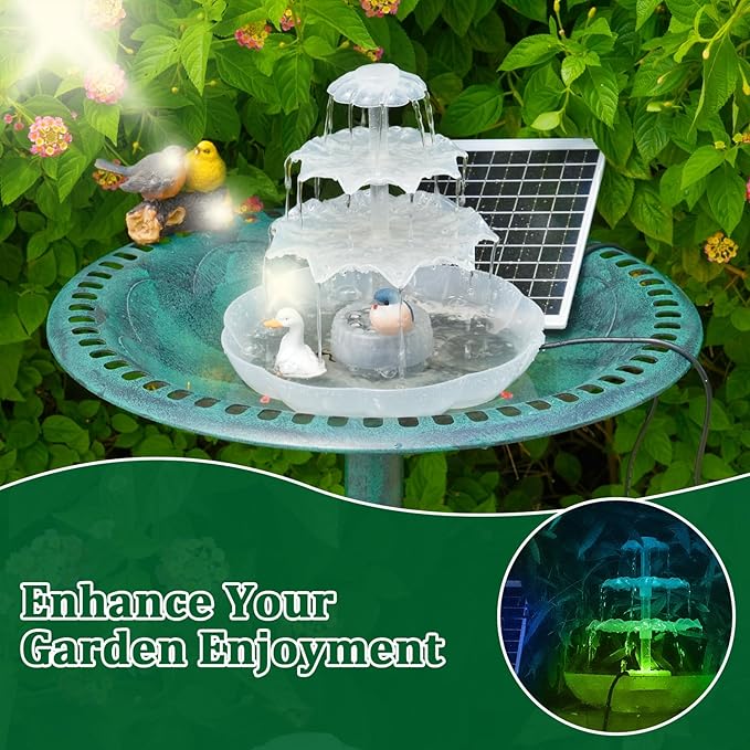 AISITIN 3 Tiered Bird Bath with 6.5W Solar Water Pump, Upgraded Solar Bird Bath Fountains with Lights, Detachable DIY Solar Powered Fountain for Garden, BirdBath, Patio, Yard and Pond