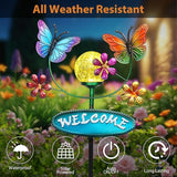 Solar Garden Stakes Metal Welcome Signs for Outside 28.1' - 2 Flying Butterflies with Cracked Glass Ball,Decorative Garden Stakes for Lawn, Patio, Butterfly Gifts for Women