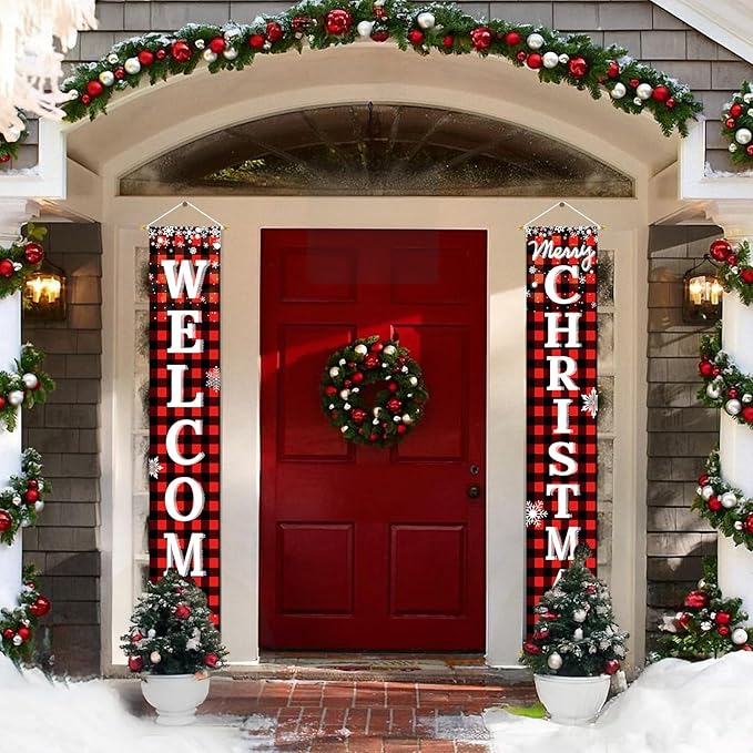 Ivenf Outdoor Christmas Decorations Yard: Red Black Buffalo Plaid Front Porch Sign Set, Hanging Welcome Merry Christmas Decorations for Home, Indoor Outdoor New Year Xmas Wall Front Door Yard Décor