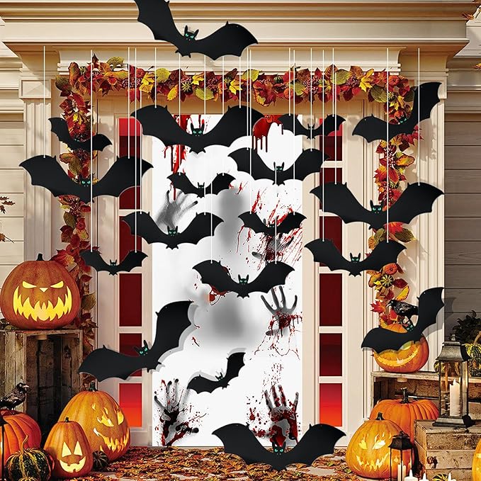 18 PCS Hanging Bats Halloween Decorations - 3 Different Sizes Black Bats with Glowing Eyes for Outdoor and Indoor Party Decor - Yard, Wall, Tree, Lawn