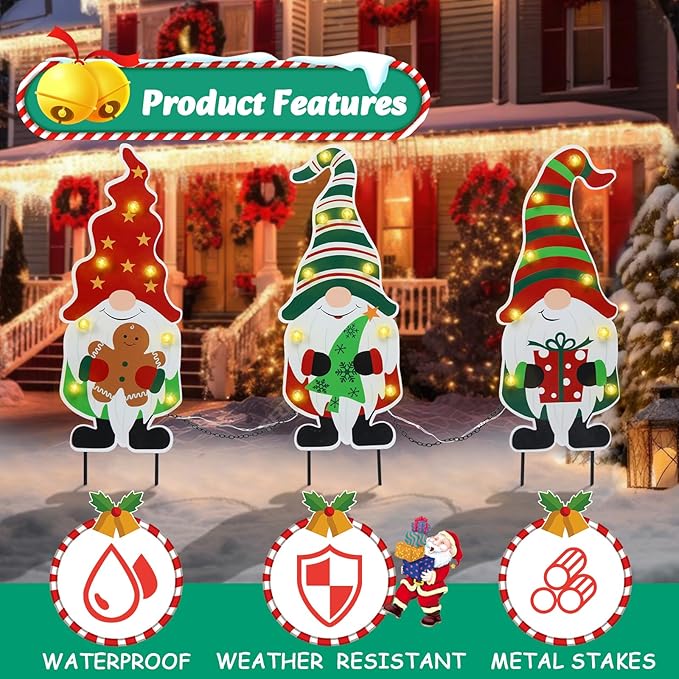 WONDER GARDEN 3 PCS Christmas Gnomes Yard Signs Christmas Decorations Outdoor, Metal Xmas Yard Stakes Gnomes Lawn Decor, Xmas Garden Stakes with Led Lights for Patio Pathway Outside Decorations
