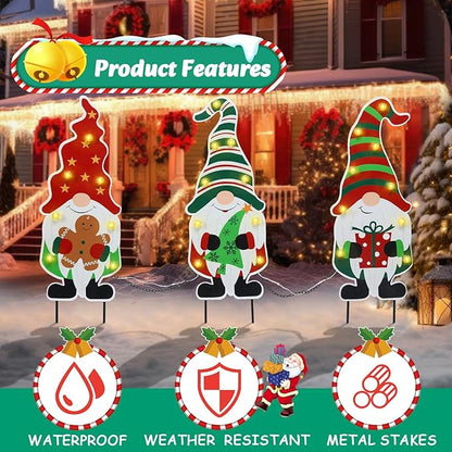 WONDER GARDEN 3 PCS Christmas Gnomes Yard Signs Christmas Decorations Outdoor, Metal Xmas Yard Stakes Gnomes Lawn Decor, Xmas Garden Stakes with Led Lights for Patio Pathway Outside Decorations