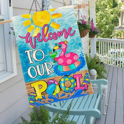 Baccessor Summer Pool Flamingo House Flag Vertical Double Sided Summer Welcome to our Pool Large Yard Flag Double Sided 28x40 Inch Burlap Vertical Seasonal Farmhouse Yard Outdoor Decoration