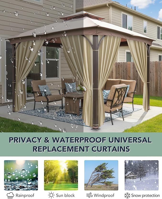 Patio Curtains Outdoor Waterproof - 10'Wx12'Lx7'H Weatherproof Pergola Outside Curtains, Gazebo Universal Replacement Privacy Curtains, 4 Panels Sidewall Drapes with Zipper, Cream