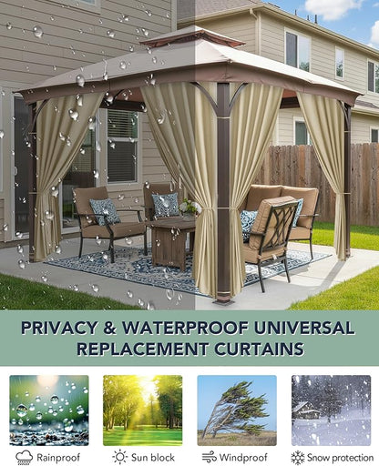 Outdoor Curtains Patio Waterproof - 10'Wx10'Lx7.9'H Gazebo Universal Replacement Privacy Curtains, 4 Panels Outside Sidewall Drapes with Zipper for Pergola Garden Backyard, Cream