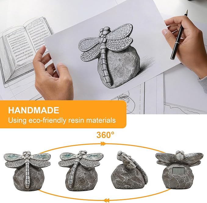 KARTOOSH Solar Garden Statue Dragonfly, Outdoor Decor Resin Dragonfly Light Statues for Yard, Patio, Lawn, Porch, Balcony Ornament, Garden Gift for Women Mom Grandma
