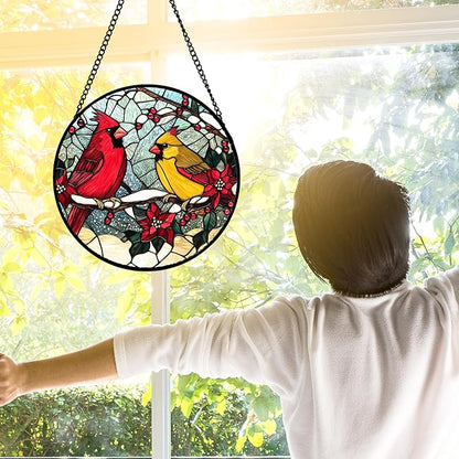 DASTOLL Stained Glass Window Hanging, Love Birds Cardinals Sun Catchers Colorful Glass Panel Birds Suncatcher Decor for Birthday for Women, Men, Wife, Lovers, and Mom 11.8x11.8 in
