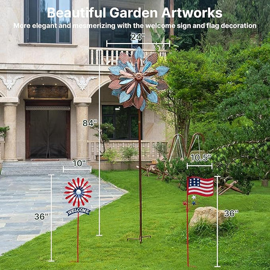 Wind Spinners Outdoor, 84" Large Metal Kinetic Wind Sculptures for Garden, Classic Yard Art with 2 Piece Welcome Flag Decoration