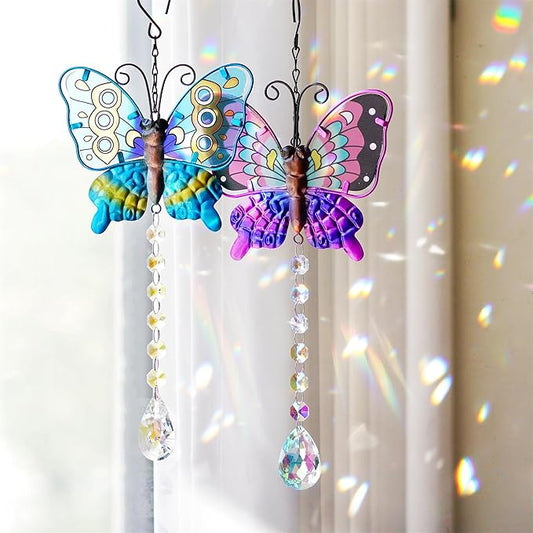 Set 2 Metal Butterfly Suncatchers for Windows - 14" Outdoor Fence Wall Art Decor, Rainbow Prisms Sun Catchers with Crystals Hanging for Home Garden Ornament for Christmas Tree