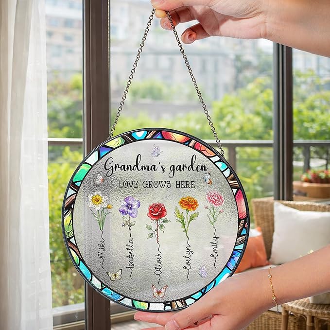 Personalized Grandma's Garden Stained Glass Suncatcher, Custom Stained Glass Window Hanging with Mom's Garden Birth Flowers, Mothers Day Unique Gifts for Mom from Grandkids on Mothers Day Christmas