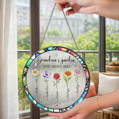 Personalized Grandma's Garden Stained Glass Suncatcher, Custom Stained Glass Window Hanging with Mom's Garden Birth Flowers, Mothers Day Unique Gifts for Mom from Grandkids on Mothers Day Christmas