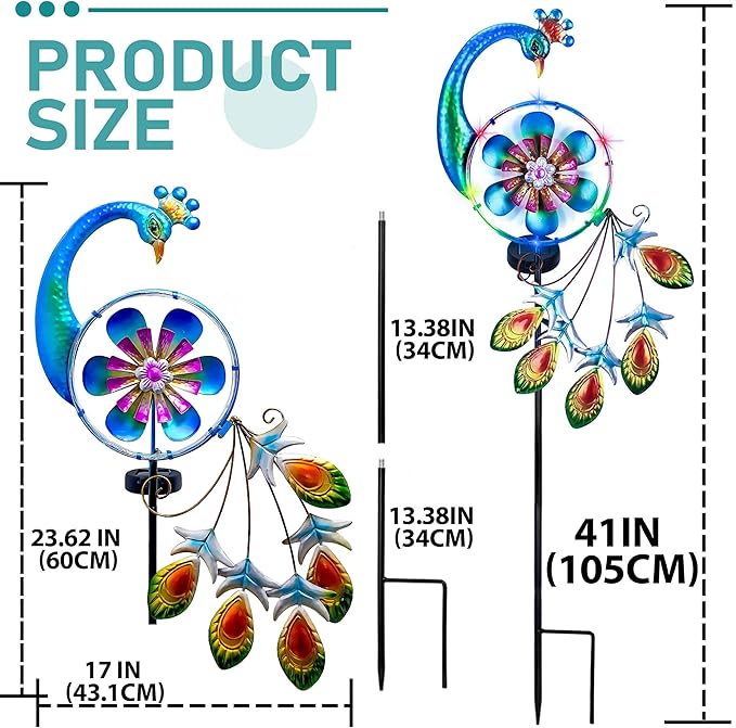 Wind Spinners Outdoor for Yard and Garden - Wind Sculptures & Spinners - 41 Inch Wind Spinner with Solar Powered Multi-Color Light for Yard Garden Backyard Lawn Peacock Decorations
