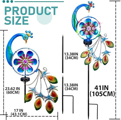 Wind Spinners Outdoor for Yard and Garden - Wind Sculptures & Spinners - 41 Inch Wind Spinner with Solar Powered Multi-Color Light for Yard Garden Backyard Lawn Peacock Decorations