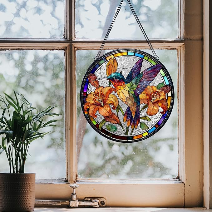 Hummingbird Flower Stained Glass Window Hanging Suncatchers, Hummingbird Bird Sun Catchers Indoor Window Glass Wall Art Decor, Bird Floral Wall Hanging Decorations Sculptures, 7.9x7.9in
