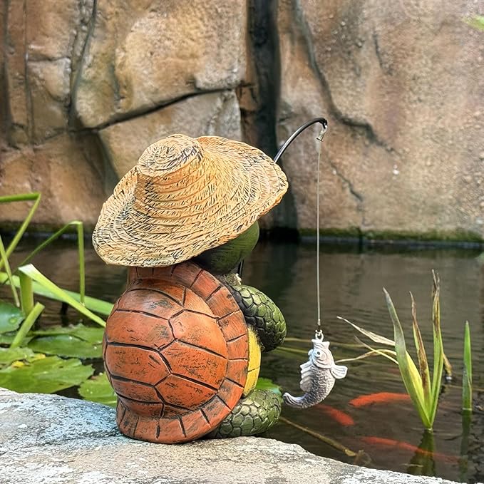 Garden Tortoise Pond Statue Decoration, Fishing Turtle Outdoor Statues for Koi Pond or Waterfall Decor, 9.5" Figurine Poolside Statue, Outdoor Decor, Gifts for Mom