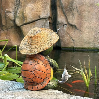 Garden Tortoise Pond Statue Decoration, Fishing Turtle Outdoor Statues for Koi Pond or Waterfall Decor, 9.5" Figurine Poolside Statue, Outdoor Decor, Gifts for Mom