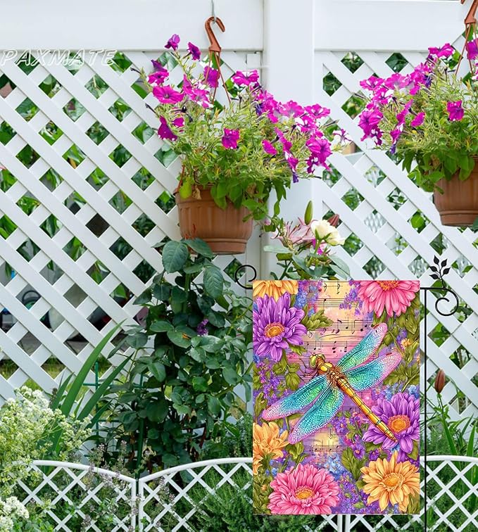 Spring Dragonfly Garden Flag 12 x 18 Double Sided, Burlap Small Floral Flower Yard Flag Seasonal Farmhouse Outside Outdoor Decoration