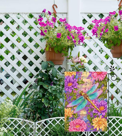 Spring Dragonfly Garden Flag 12 x 18 Double Sided, Burlap Small Floral Flower Yard Flag Seasonal Farmhouse Outside Outdoor Decoration
