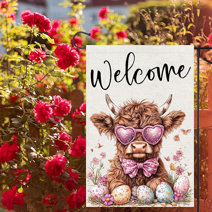 Welcome Cow Garden Flags 12x18 Inch Vertical Double Sided Outside, Easter Eggs Flowers Spring Yard Flag Decor, Holiday Outdoor Decorations for Home