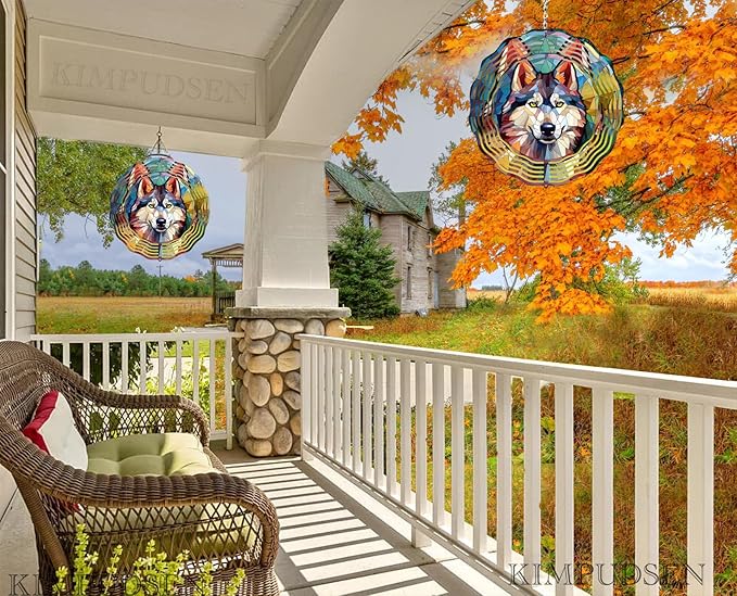 Wind Spinner Wolf 12 Inch Large Stainless Steel 3D Kinetic Wind Sculptures Hanging for Fall Halloween Outdoor Yard Patio Garden Decorations