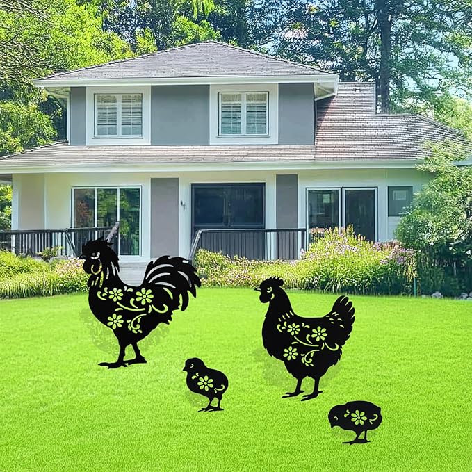 Flohuaer Chicken Metal Decorative Garden Stakes 4pcs Chicken for Women/Men Chicken Lovers Gifts Silhouette Statues for Outside Yard Art Outdoor Patio Lawn Ornaments Garden Decorations