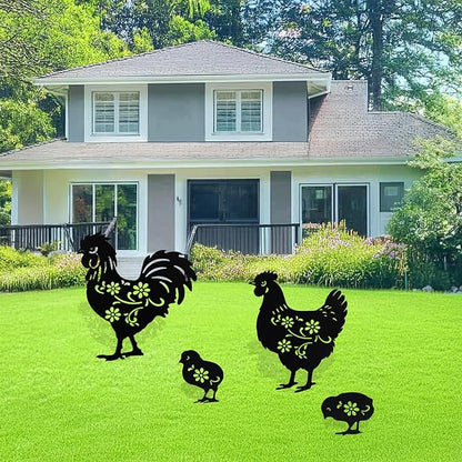 Flohuaer Chicken Metal Decorative Garden Stakes 4pcs Chicken for Women/Men Chicken Lovers Gifts Silhouette Statues for Outside Yard Art Outdoor Patio Lawn Ornaments Garden Decorations