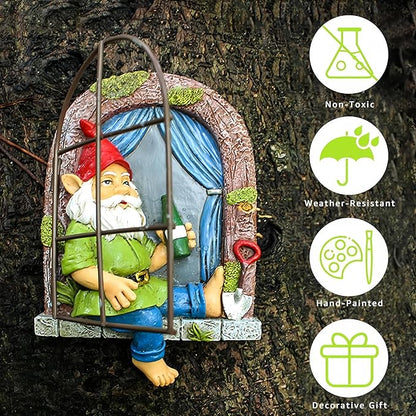 Spring 2026 Garden Gnome Window Statue for Trees and Wall, Drinking Dwarf Fairy Miniature Accessories, Patio Art Sculpture Decor for Lawn Yard