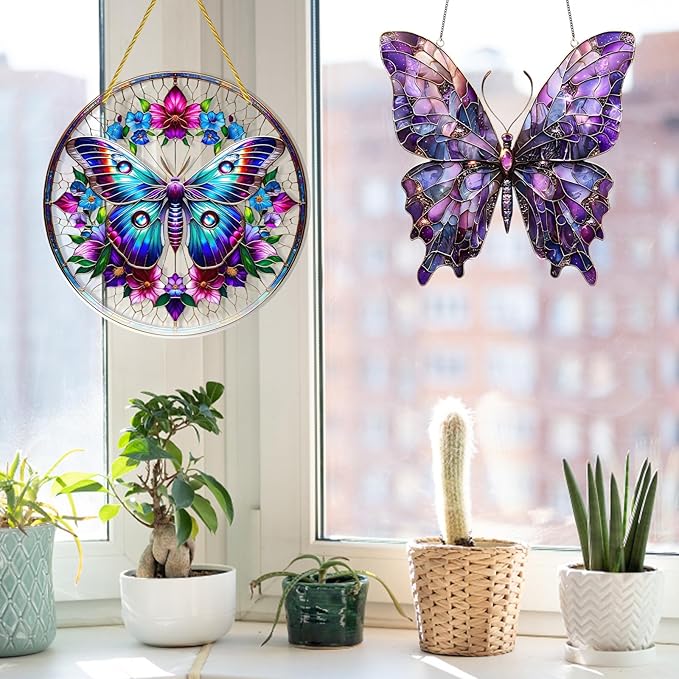 2PCS Butterfly Solar Collector for Windows, Stained Glass Window Hanging, 7.9x7.9in Butterfly Ornament with Chains, Home and Garden Decor, Gift for Women and Nature Lovers