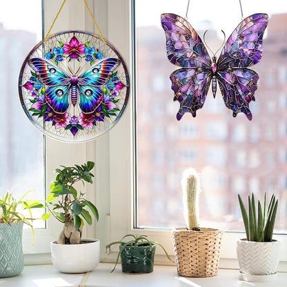 2PCS Butterfly Solar Collector for Windows, Stained Glass Window Hanging, 7.9x7.9in Butterfly Ornament with Chains, Home and Garden Decor, Gift for Women and Nature Lovers