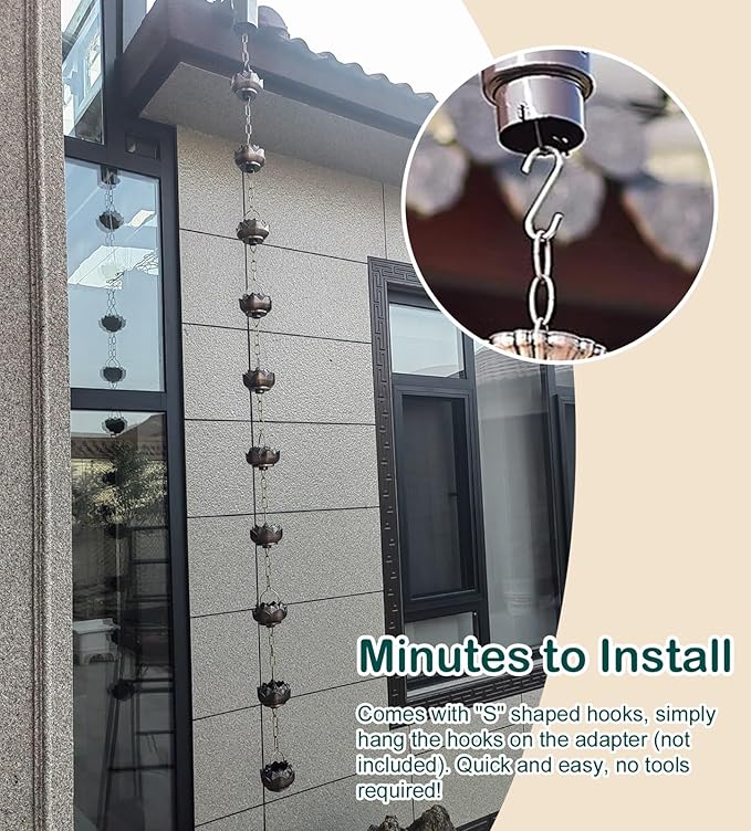 Lotus Rain Chain Cups for Outside, 5 Cups per Meter, Decorative Gutter Downspout Diverter Rain Catcher, Copper Exquisite Rain Chimes Easy Hanging,2m (6.6ft)