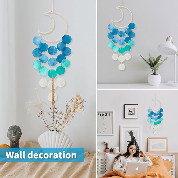 Capiz Wind Chimes for Outside, Outdoor Seashell Hanging Beach Coast Ocean Home Decorative, Unique Natural Shell Waterfall Windchimes for Summer Patio, Great Memorial Gift（Gradient Blue