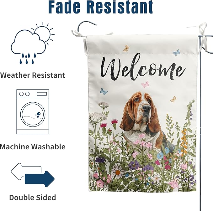 Spring Summer Garden Flag Floral Basset Hound Yard Flag Flower Dog Garden Flags for Outside Small Outdoor Welcome Flags 12x18 Double Sided