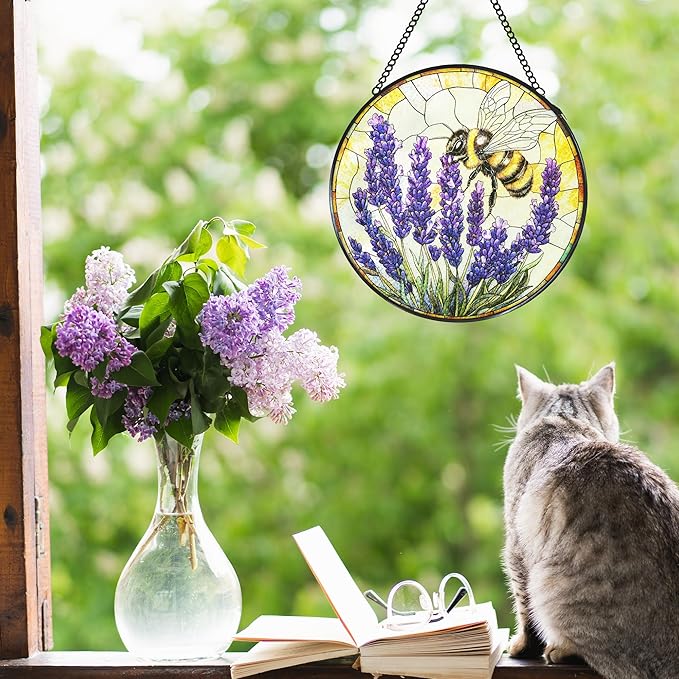 Vintage Bee Lavender Stained Glass Window Hanging Suncatcher, Bumble Bee Flowers Sun Catcher Indoor Window Decor, Rustic Purple Painted Glass Round Wall Hanging Decorations, 7.8x7.8 in