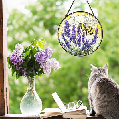 Vintage Bee Lavender Stained Glass Window Hanging Suncatcher, Bumble Bee Flowers Sun Catcher Indoor Window Decor, Rustic Purple Painted Glass Round Wall Hanging Decorations, 7.8x7.8 in