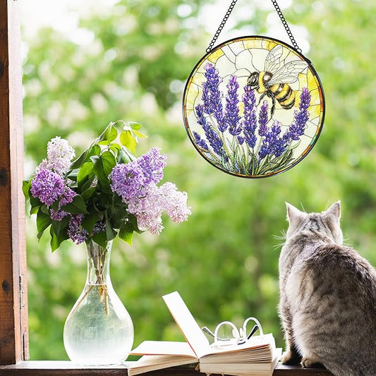 Vintage Bee Lavender Stained Glass Window Hanging Suncatcher, Bumble Bee Flowers Sun Catcher Indoor Window Decor, Rustic Purple Painted Glass Round Wall Hanging Decorations, 7.8x7.8 in