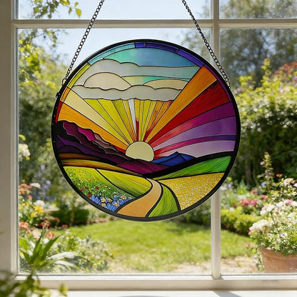 Stained Glass Window Hanging, 9.8 Inch Vibrant Sunrise Landscape Suncatcher Decor Colorful Pastoral Sun Catcher for Windows Home, Garden, Porch Decor