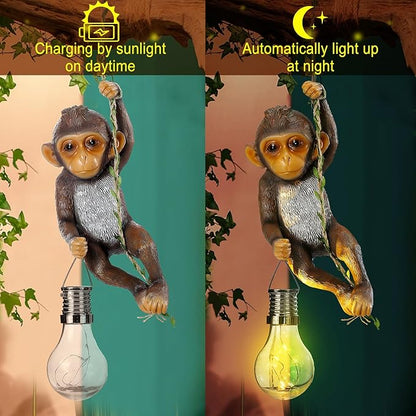 Solar Powered Outdoor Monkey Statue Gift 7.48''H Resin Waterproof Solar Monkey Hanging Figurine Lantern Chimpanzee Baby Monkeys Climbing 19.68" Vine with Hook for Yard Garden Wall Tree Decoration Gift